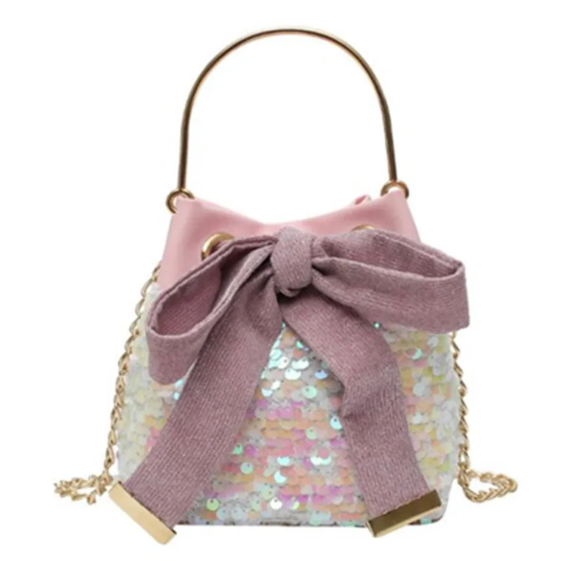 

2019New Sequined bowknot Bucket Bags Women Shoulder Cross body Bag PU Leather Lady Girl Fashion chain Bags Women's Handbag Purse