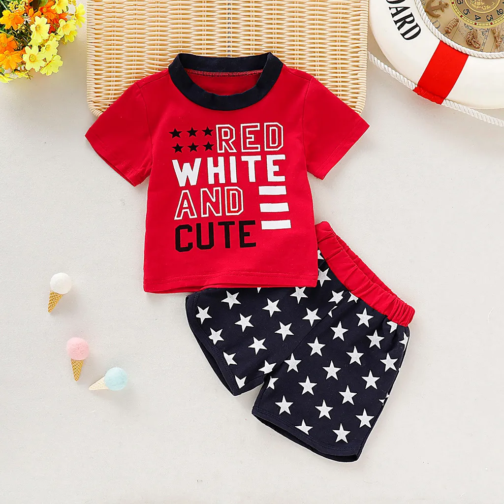 

Toddler Kids Baby Girl Boy 4th of July T shirt Tops Stars Shorts Outfits Set