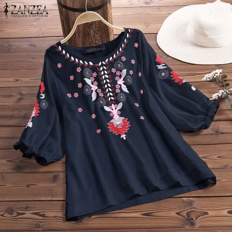 المرأة بلوزة العرقية الأزهار طباعة قميص 2019 ZANZEA الصيف البوهيمي فانوس كم Blusas عارضة تونك قمم فضفاض قميص موهير