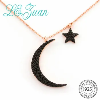

L&zuan Rose Gold Moon & Star Necklaces for Woman 925 Sterling Silver Black Zircons Pendants Cute Fine Jewelry Gift