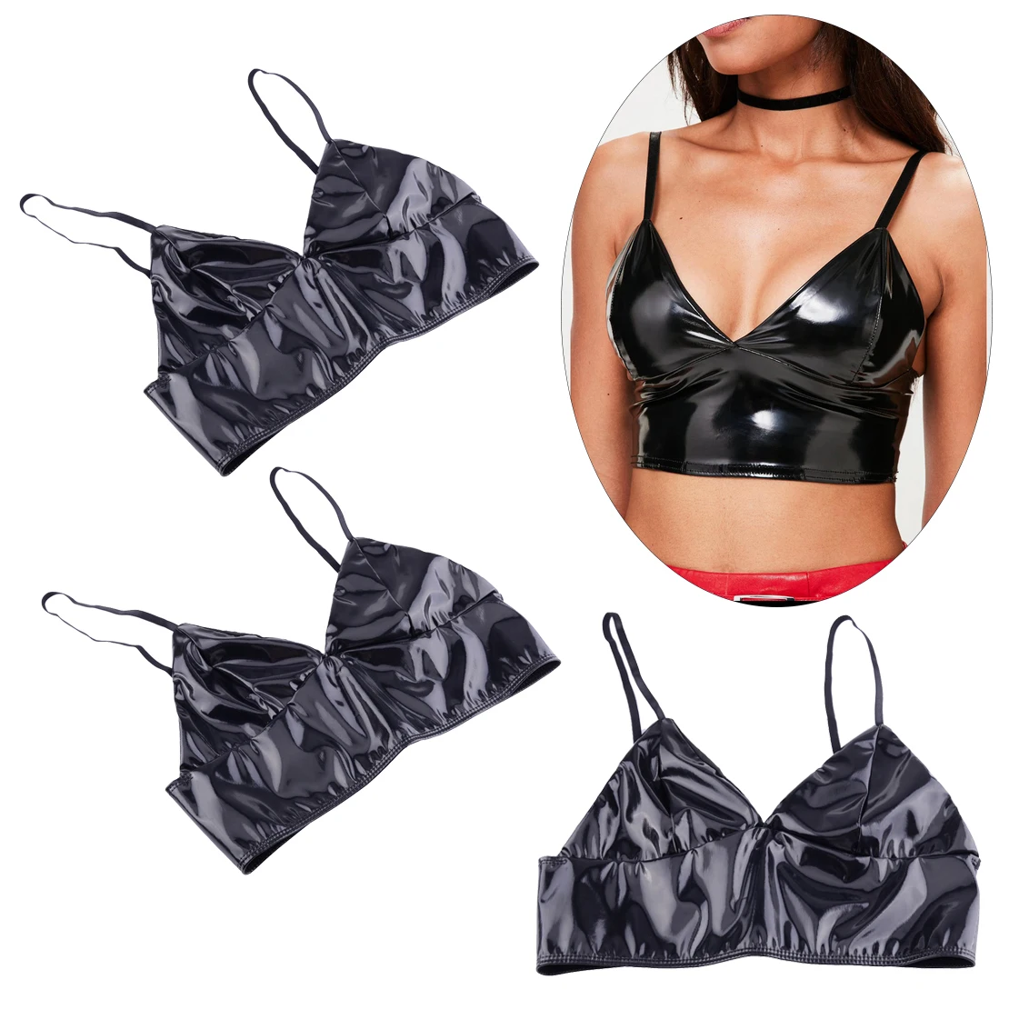 

Black Sexy Bust Bras Women Cool Punk Latex Bra Top Shine Patent Leather Faux Crop Corset Sling Bottoming Bustiers with Zipper