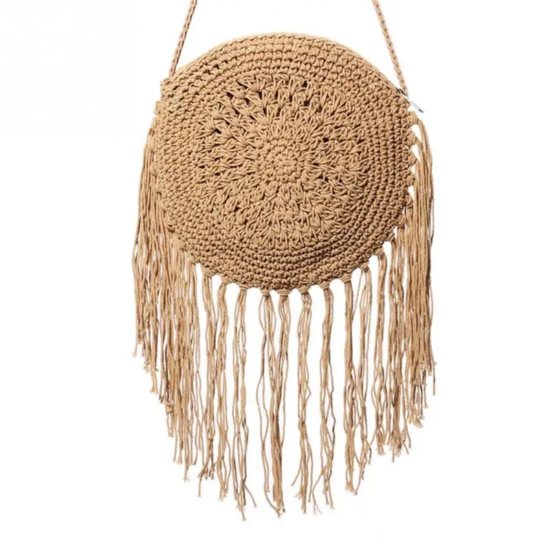 

Woman Round Handbags Handmade Straw Bag with Tassel Rattan Woven Vintage Rope Knitted Messenger Bag Lady Summer Beach Tote