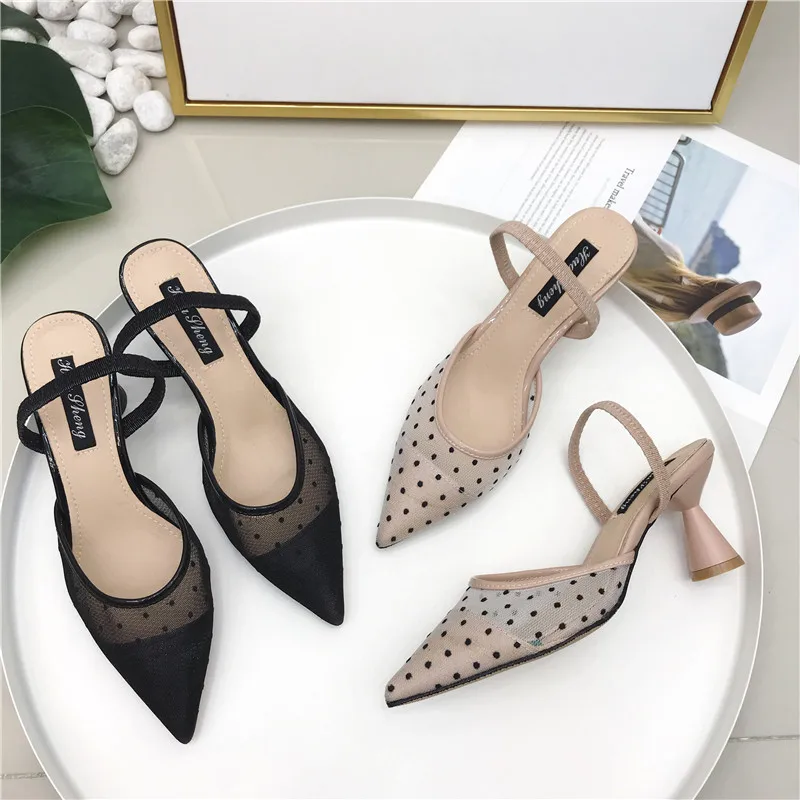 

Female High-heeled 7CM Cool Summer Two Method Wear pointed Toe Sandals And Half Slippers Slip-on Shallow Polka Dot sweet style