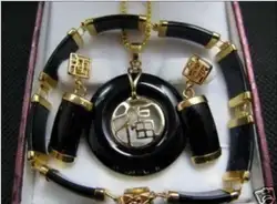 Горячие продают-Быстро SHIPPINGFine Черный нефрит кулон ожерелье браслет серьги набор (A0511)