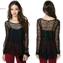 Drop Shipping !Plus Size Women Blouse Work Wear Summer Two-piece Long Sleeve Stitching Lace Shirts With Tank Tops b7