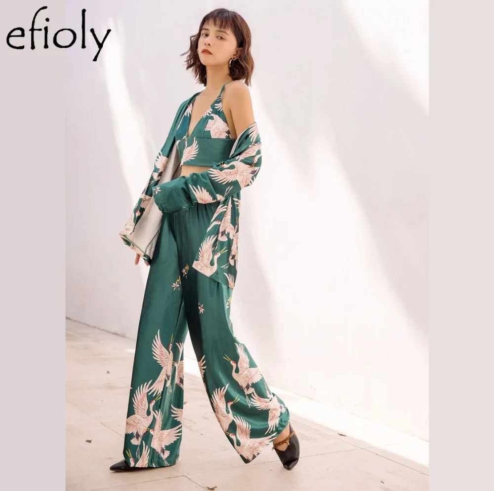 

EFIOLY Autumn And Winter New Crane Velvet Print Nightgown Japanese Kimono Three-Piece Suit Home Service Long-Sleeved Pajamas