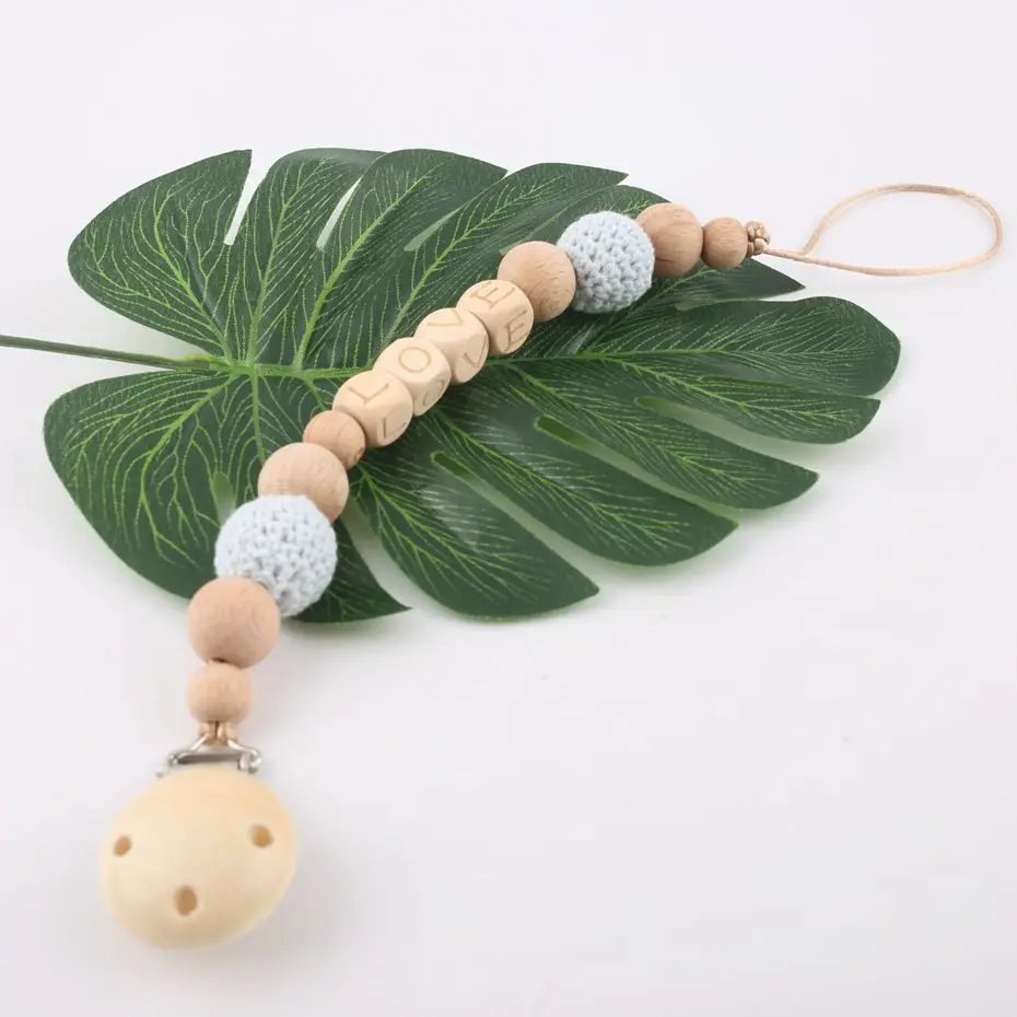 Personalized Name New Baby Pacifier Chain For Baby Feeding Dummy Chain Wooden Crochet Bead Eco-friendly Pacifier Clip Binky Clip