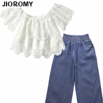 

JIOROMY The new summer 2019 children in Europe and the ins style lace white top + cowboy wide-legged pants suit