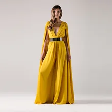 Nach Maß Tiefer V-ausschnitt Gelb Chiffon Cape Lange Formale Abendkleid Muslimischen Dubai Kaftan mit Gold Metall Gürtel
