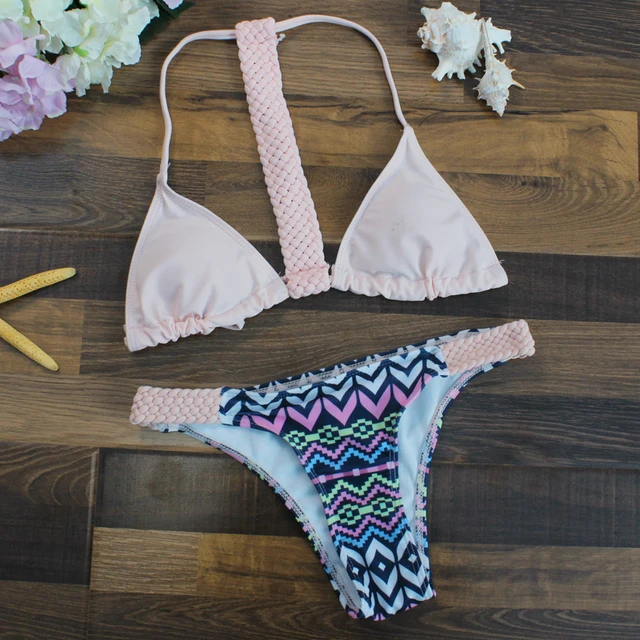 Digital Printed Women Sexy Thong Bikinis Swimwear Backless Halter