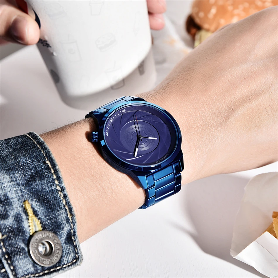 Лидирующий бренд, роскошные модные мужские кварцевые часы, серия фотографов, уникальная камера, водонепроницаемые мужские наручные часы из нержавеющей стали синего цвета