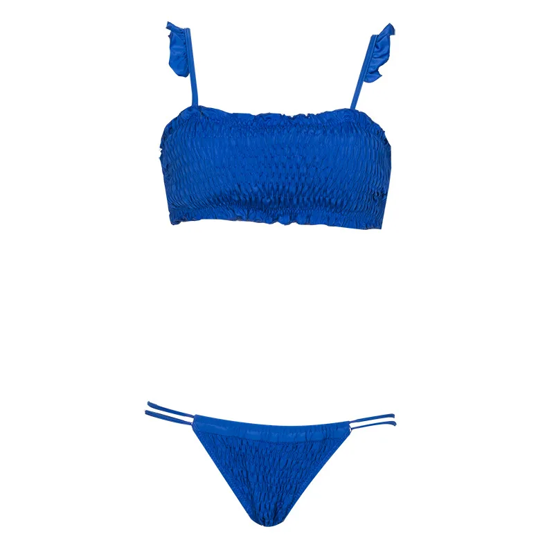 Сексуальный неоновый купальник, пляжный костюм с оборками, комплект бикини бандо, купальный костюм с оборками, стринги, мягкий женский купальник, пляжная одежда - Цвет: blue