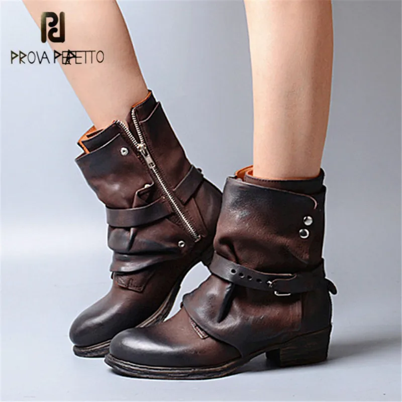 

Prova Perfetto Fashion Winter Boots Genuine Leather Knight Botas Mujer Retro Straps Ankle Boots for Women Flat Shoes Woman