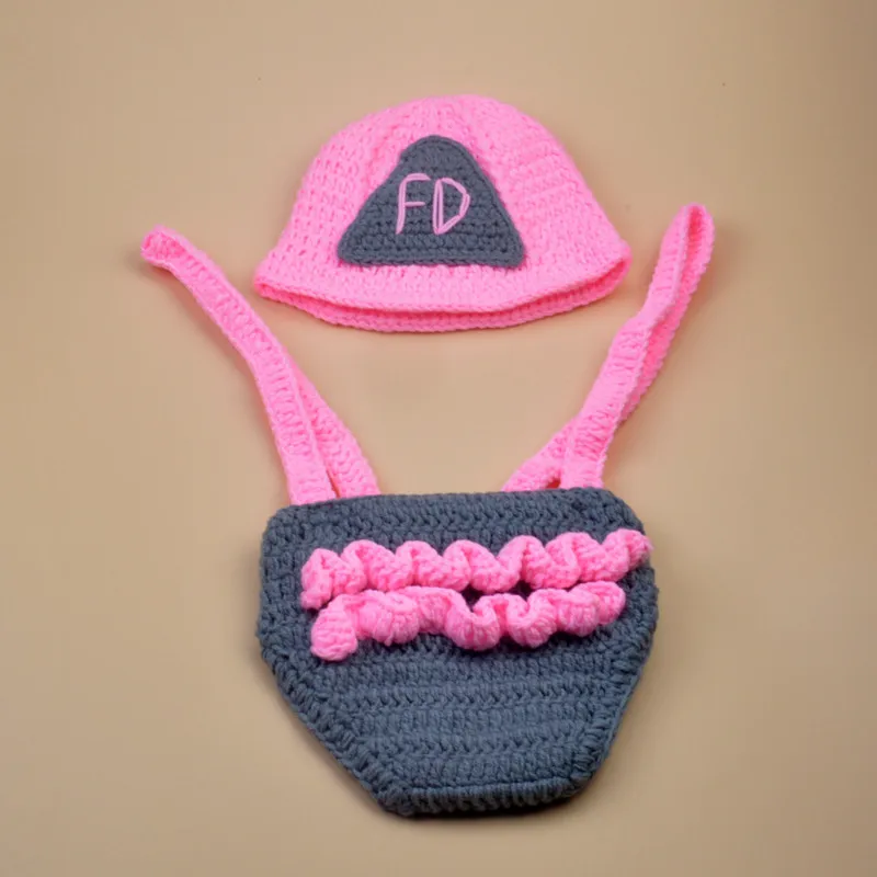 

2016 New Character pink color Cotton Newborn Photography Props Costume Hand Crochet Knit Infant Fireman Baby Hat with shorts set