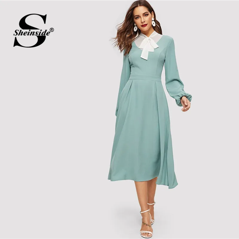Sheinside Tied Contrast Yoke Box Pleated Dress High Waist Bishop Sleeve A Line Long Dress 2019 Spring Elegant Womens Dresses
