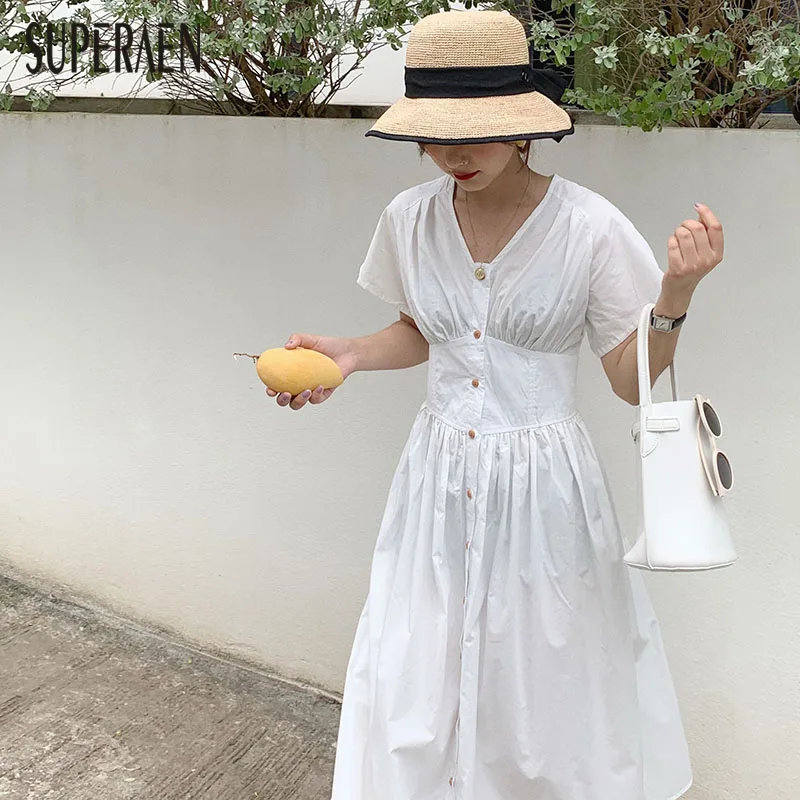 

SuperAen Short Sleeve Women Dress Cotton Fashion Casual Solid Color Ladies Dress Summer New 2019 Korean Style Women Clothing