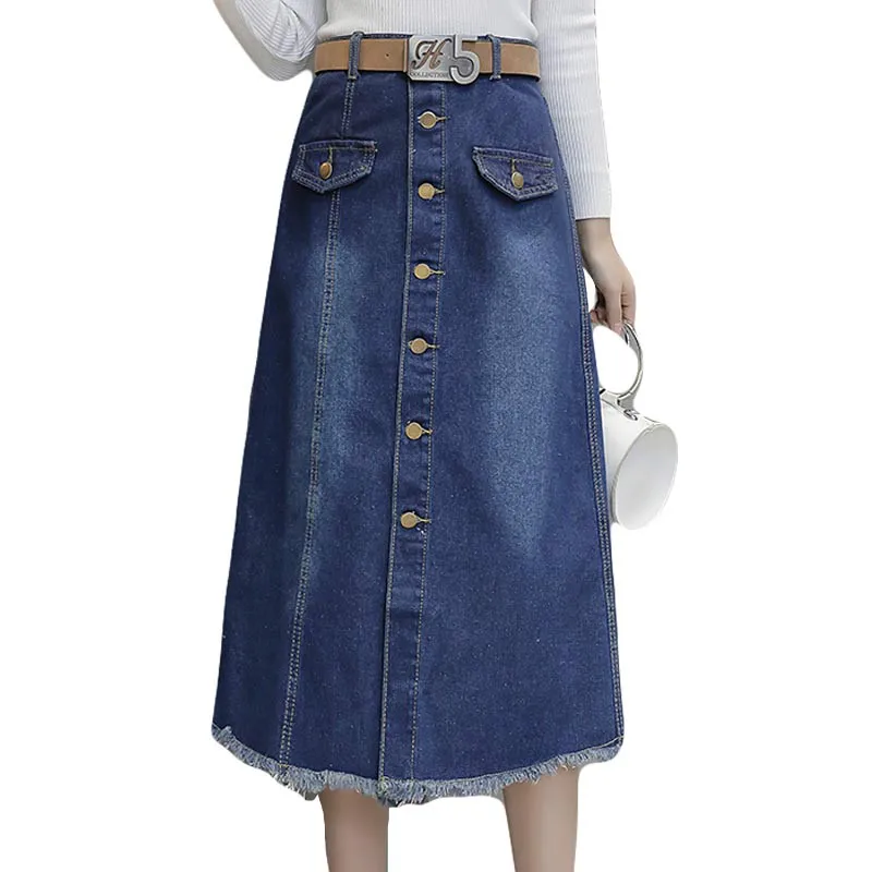 

Retro High Waist Denim Skirts Loose Solid Jean Faldas Mujer Fashion Single Breasted Jupe 2018 Women burrs Skirts