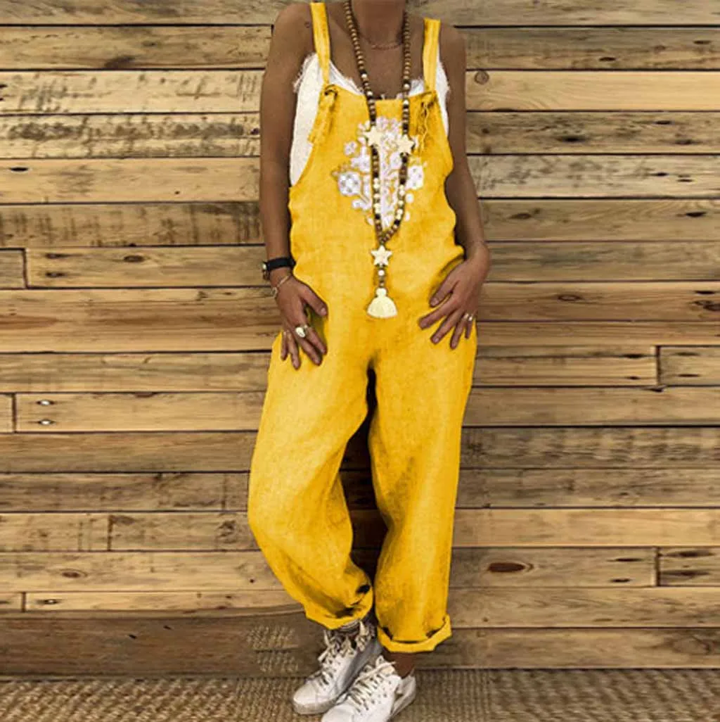 

Tooling Overalls For Women Summer Boho Print Jumpsuits Sleeveless Pockets Casual Loose Wide Leg vintage Jumpsuits Macacao#ssw