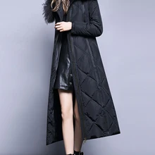 Роскошное женское новое зимнее модное пуховое пальто с большим натуральным мехом на капюшоне Экстра Макси длинное черное плюс размер XL