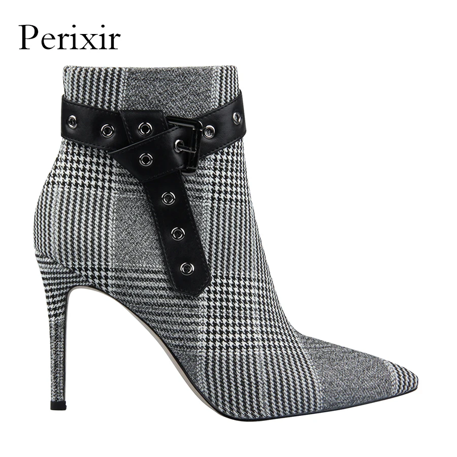 

Perixir Wool Fabric Plaid Ankle Boots for Women Shoes Pointed Toe Sexy Thin High Heels Ladies Boots Botas Mujer Bota Feminina