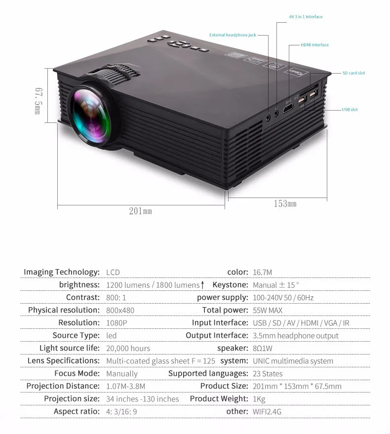 UNIC обновленный UC68 Full HD1800 люмен светодиодный проектор для домашнего кинотеатра мультимедийная поддержка Miracast Airplay USB HDMI VGA