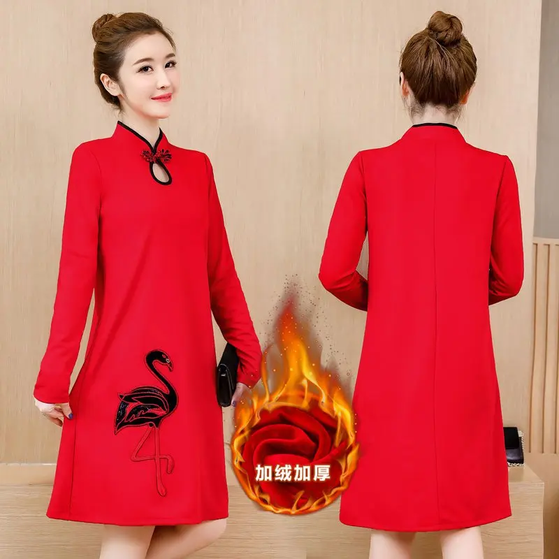 

2018 new pregnant women autumn and winter plus velvet thickening Chinese style improved cheongsam hot mom dress