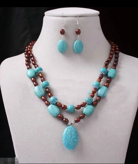 

hot Fast shipping +wine freshwater 6X8mm pearl bead blue turquoise strand necklace earrings set (A0516)