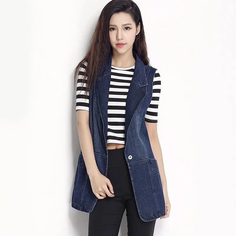 

Rlyaeiz Spring Denim Women's Vest 2019 Autmn Fashion Pure Color Mid-long Denim Vests Basic Sleeveless Jeans Jackets Waistcoat
