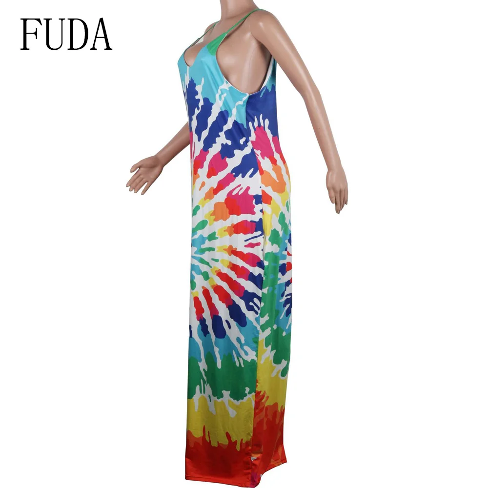 FUDA Casual Vintage Classic Loose Maxi Dress Printing Sleeveless V Neck Floor Length Summer Beach Party Long Dresses Female