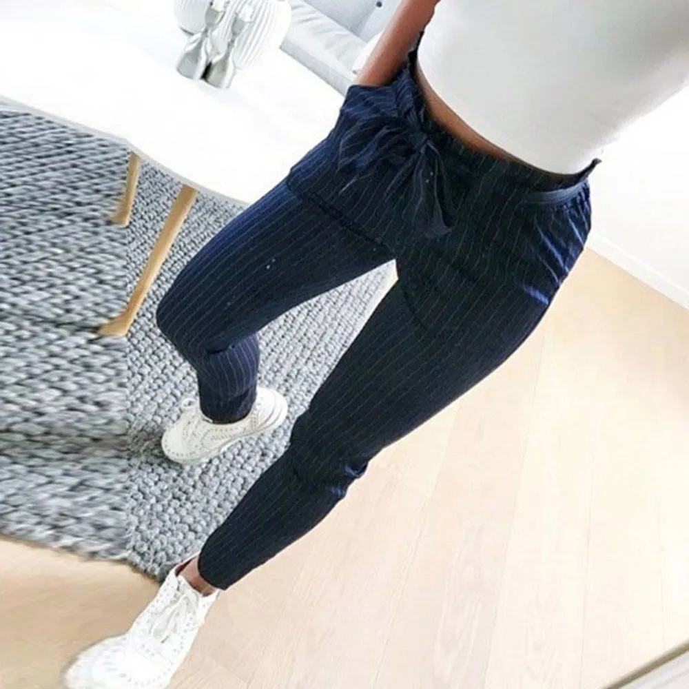 Bowtie Elastic Striped OL Chiffon High Waist Harem Pants