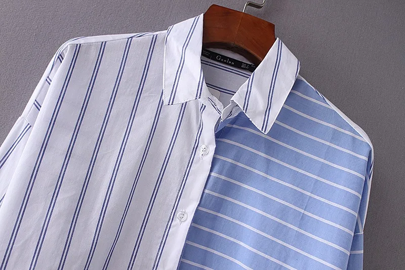 VOGUEIN جديد إمرأة عارضة مخطط طباعة لصق طويل كم قميص بلوزة قمم بالجملة