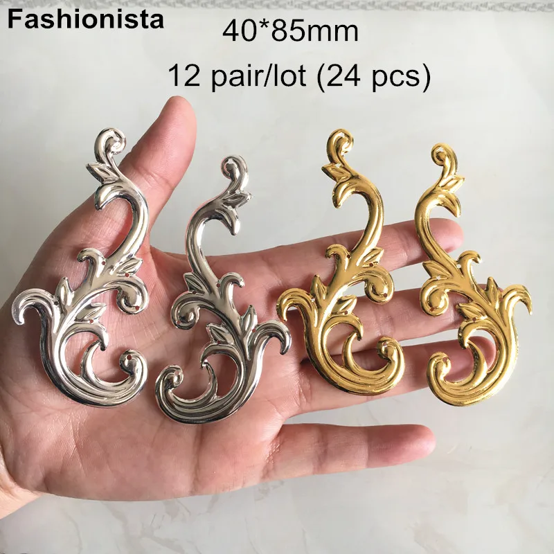 

12 Pairs(24 pcs) Large Scroll Ornament 40*85mm Metal Stamping Flowers,Gold-color,Silver-color,Decorative Materials For Crafts