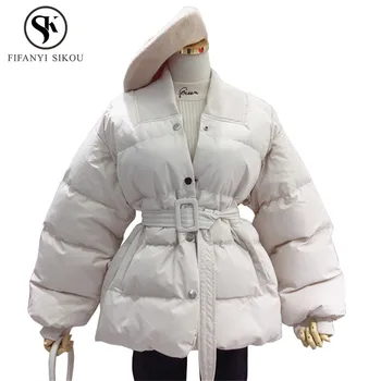 

Winter jacket women Solid Casual Cotton padded coat Single Breasted Belt Loose Cotton Coats Warm parka Female Thick Outerwear
