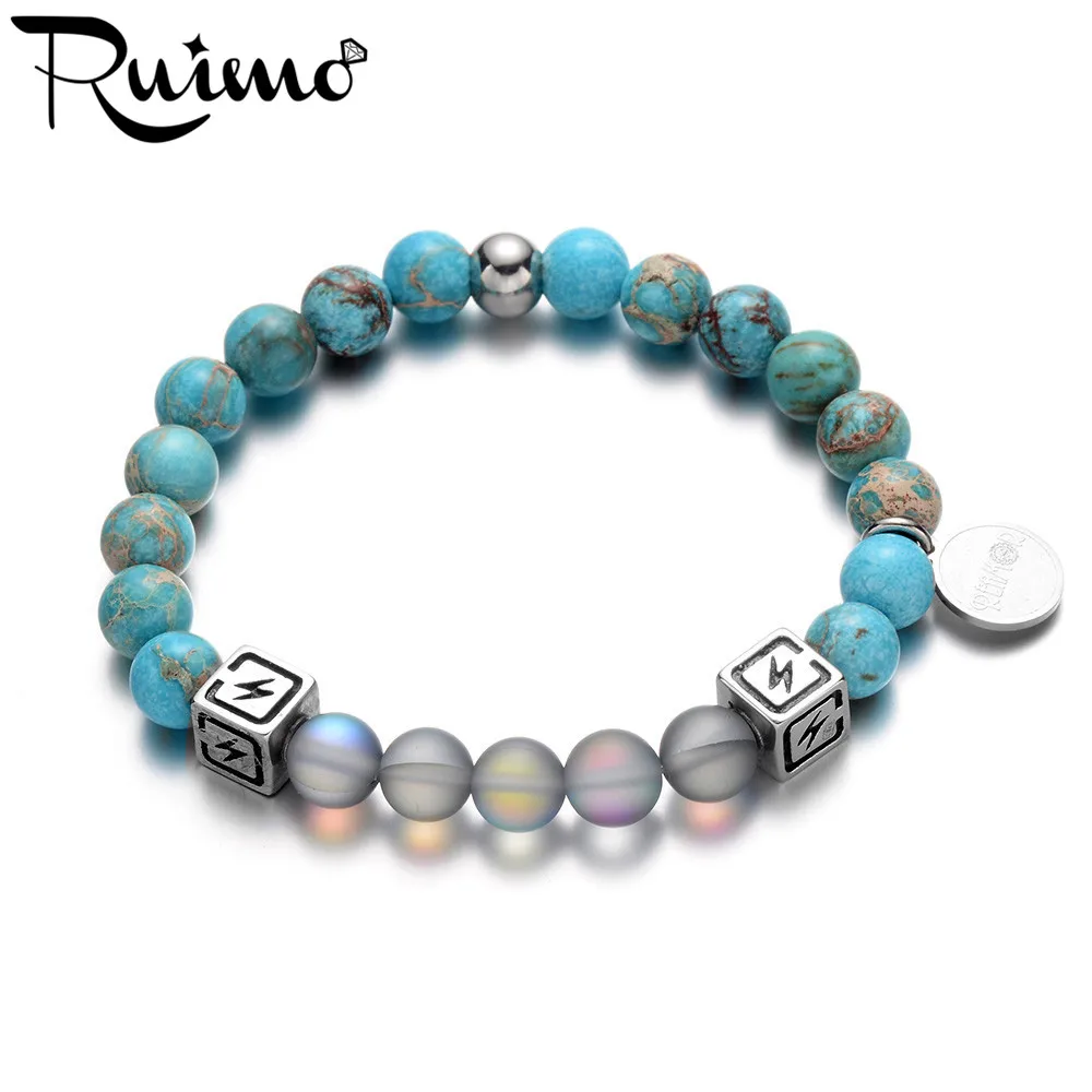 

RUIMO Trendy Natural Blue Decorative Pattern Stone Strand Bracelets Stainless Steel Beads Crystal Stone Beaded Women Bracelet