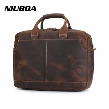 

NIUBOA 100% Genuine Leather Handbag Men's Big Laptop Briefcase Vintage Messenger Bags High Quality Natural Cowskin Handbag Tote