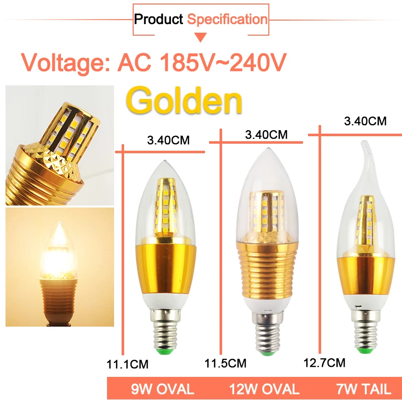 Светодиодный лампы E14 Золотой Алюминий светодиодный лампы в форме свечи лампы 9W 12W Светодиодный светильник AC 220V светодиодный лампы холодный теплый белый Lampada Bombillas Lumiere Lampara