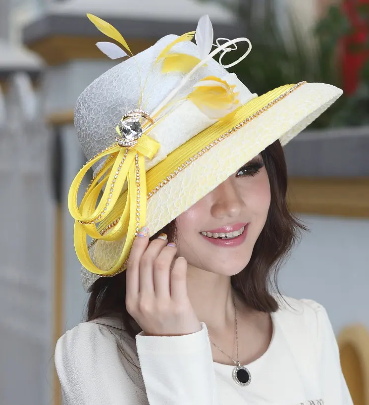 Free Shipping Elegant Women Hats Church Hat Top Gold Ribbons Newly
