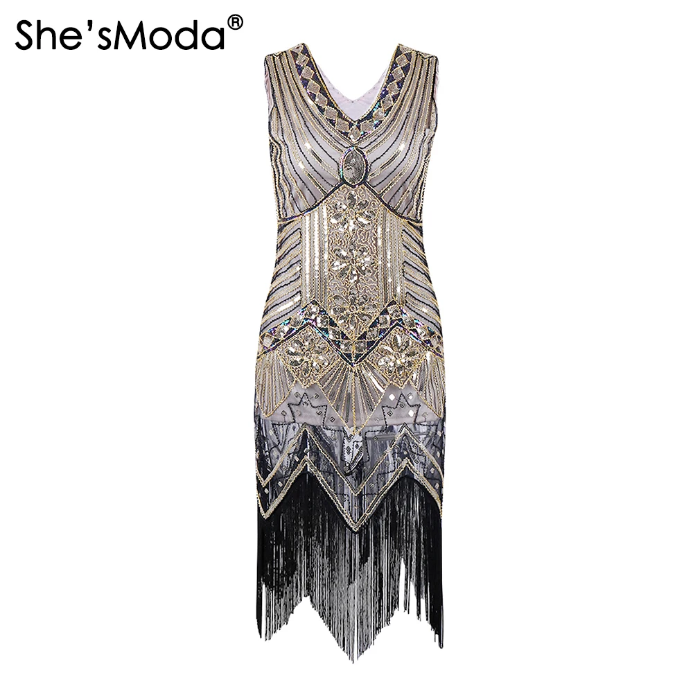 

She'sModa Vintage Sequin Diamond Bead Embellished Cocktail Women's 1920s Gastby Party Embellished Fringed Flapper Dress