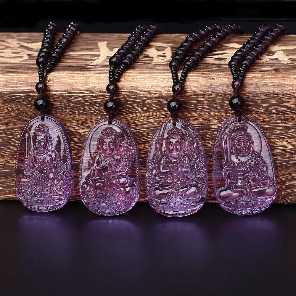 

Purple natural stone crystal pendant necklace High Quality Crystal Carved Buddha Amulet Pendant Necklace Women Men Jade Jewelry