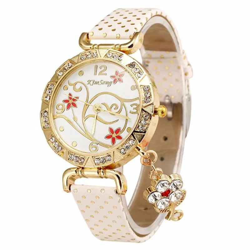 Модные Роскошные Для женщин Орхидея браслет с узором часы кожа Алмаз Кварц Платье наручные часы Баян коль saati A3