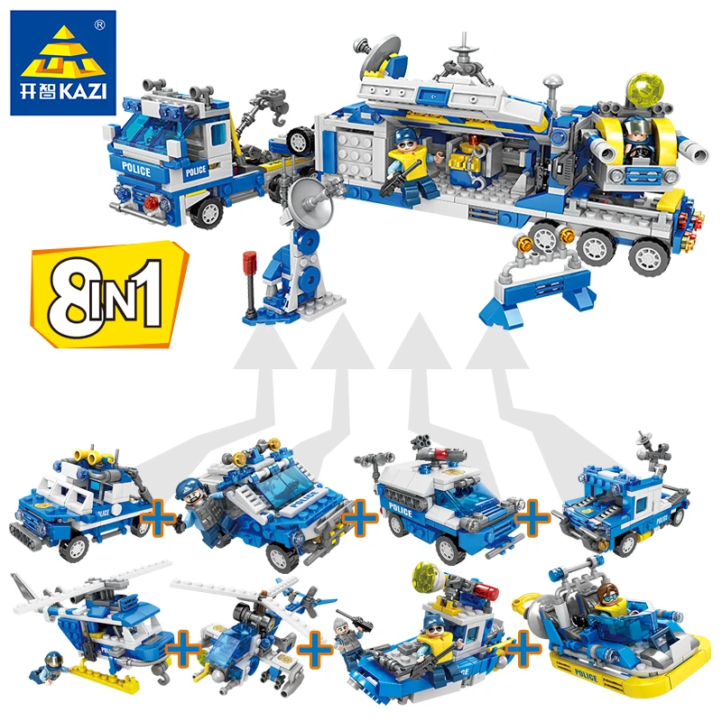 KAZI 8IN1 City Police Helicopter Boat Mobile Command Vehicle Building Blocks Bricks legoings City Models Toys For Children Boys