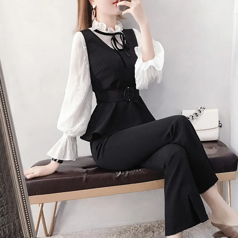 

2019 Spring 3 Piece set Women Autum Elegant Ruffle Blouse Lantern Pants Tracksuit Three Piece Set Top and Pants Clothes set