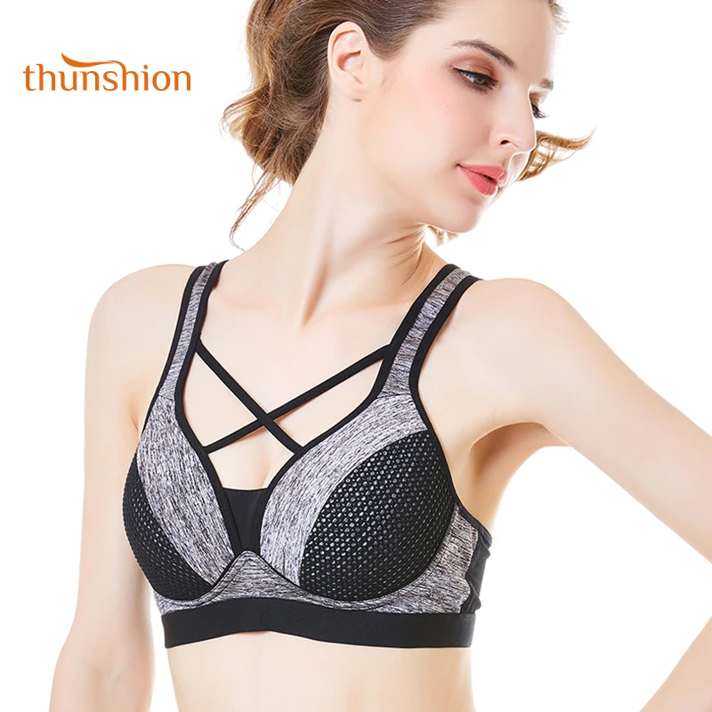 THUNSHION Sexy Cross Strappy Backless Sports Bra Fitness