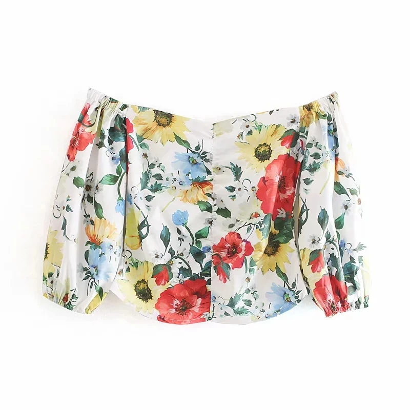

Flower Printing Female Lantern Sleeve Blouse Women Crop Tops Leisure Square Collar Shirt 2019 Summer Elastic Smock S5856