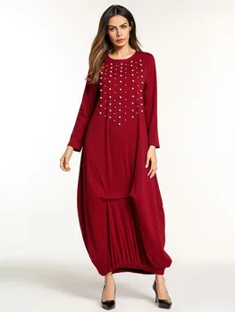 

Elegant Beading Abaya Ethnic Full Dress Muslim Kimono Loose Long Robe Gowns Ramadan Jubah Middle East Islamic Prayer Clothing