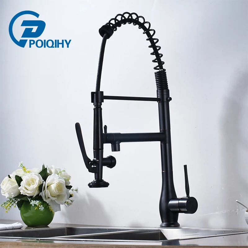 

Black Bronze Kitchen Faucet Deck Mounted Spring Kitchen Tap Crane Dual Sprayer Swivel Spout Faucet Hot Cold Water Mixers Tap