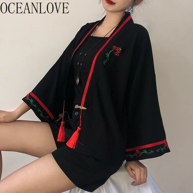

OCEANLOVE Harajuku Embroidery Vintage Kimonos Women Blouses Tassel Cardigan Yukata Shirts 2019 Summer Japanese Style Tops 11703