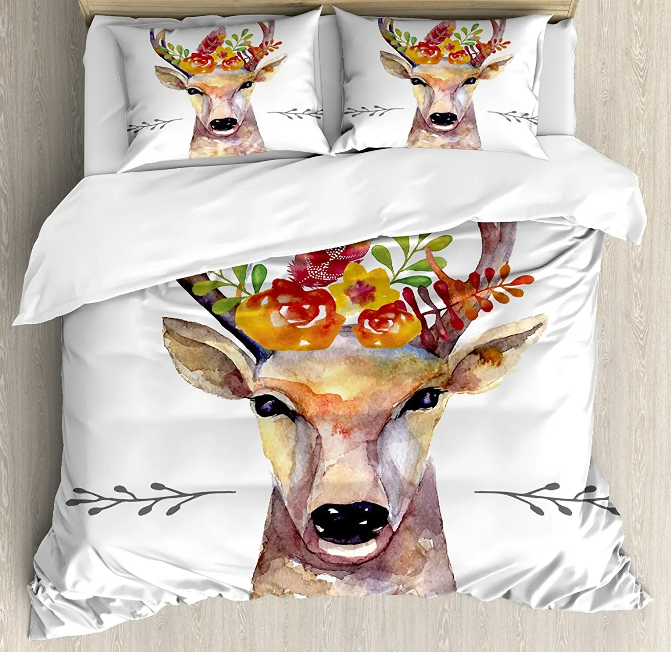 

Indie Duvet Cover Set Deer Portrait in Watercolor Painting Style Boho Flower Bouquet Hipster Rustic Artwork 4 Piece Bedding Set