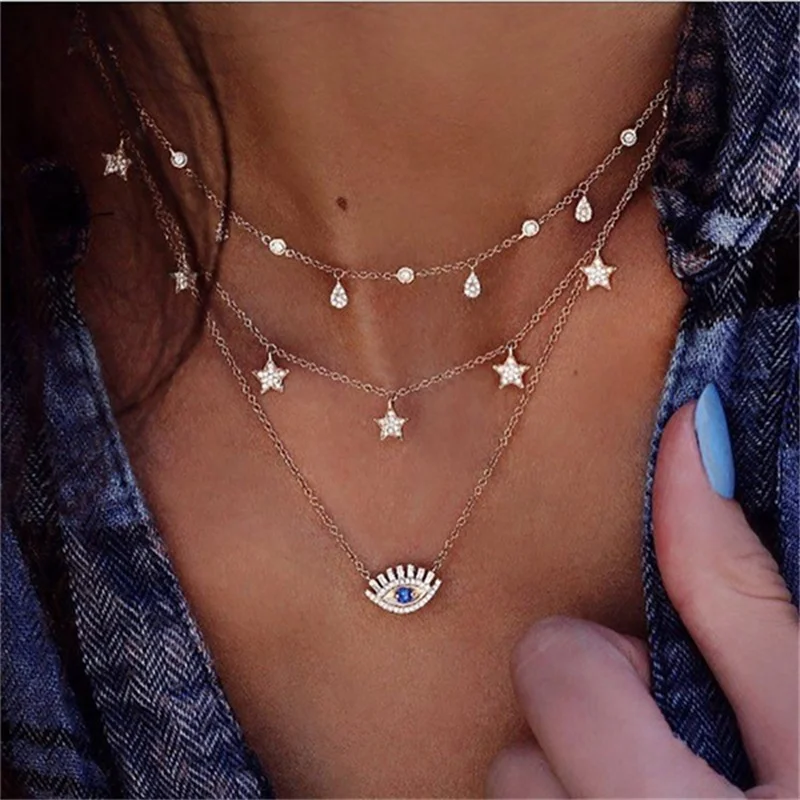 

FAMSHIN Bohemia Multilayer Punk Star Water Drop Eyes Gem Crystal Pendant & Necklace Set Women Creative Shiny Gold Necklace Gifts