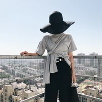 Women summer 2018 retro casual solid short sleeve 4styles wear tie tee tshirt grey black